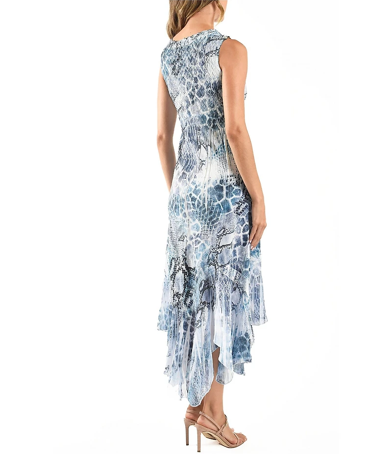 Komarov Charmeuse Chiffon Multi Print Scoop Neck Sleeveless Hanky Hem Fit and Flare Midi Dress
