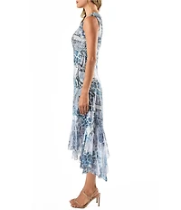 Komarov Charmeuse Chiffon Multi Print Scoop Neck Sleeveless Hanky Hem Fit and Flare Midi Dress