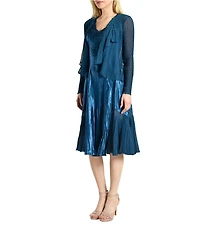 Komarov Charmeuse Chiffon Round Neck Long Sleeve Ruffle Front Two-Piece Jacket Dress