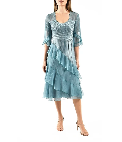 Komarov Charmeuse Chiffon Tulip Sleeve Tiered Diagonal Hem Fit & Flare Midi Dress