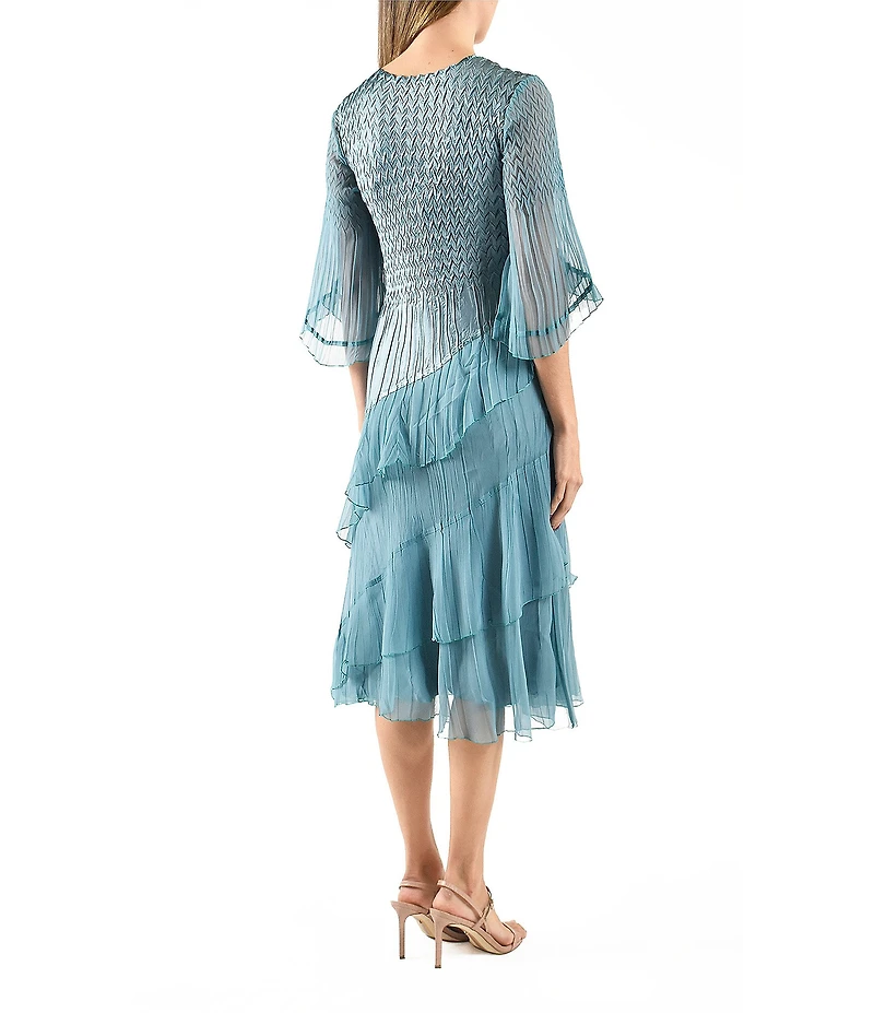 Komarov Charmeuse Chiffon Tulip Sleeve Tiered Diagonal Hem Fit & Flare Midi Dress