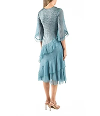 Komarov Charmeuse Chiffon Tulip Sleeve Tiered Diagonal Hem Fit & Flare Midi Dress