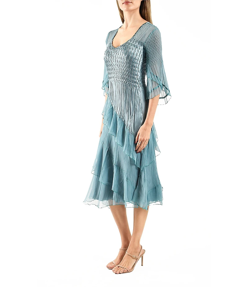 Komarov Charmeuse Chiffon Tulip Sleeve Tiered Diagonal Hem Fit & Flare Midi Dress
