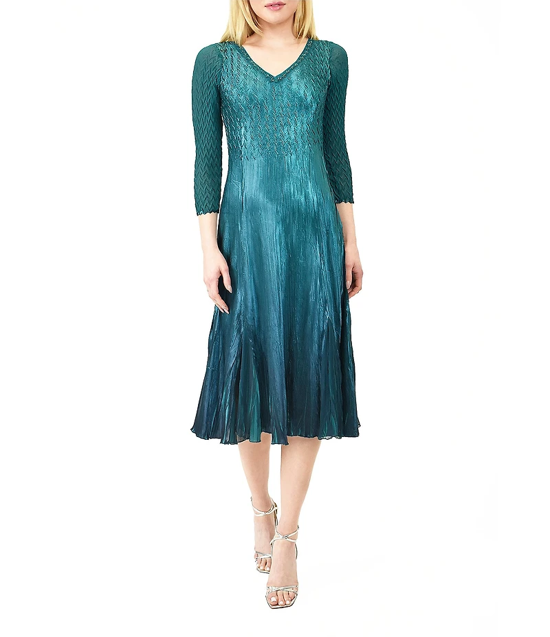 Komarov Charmeuse Chiffon V-Neck 3/4 Sleeves Beaded Trim Fit & Flare Midi Dress