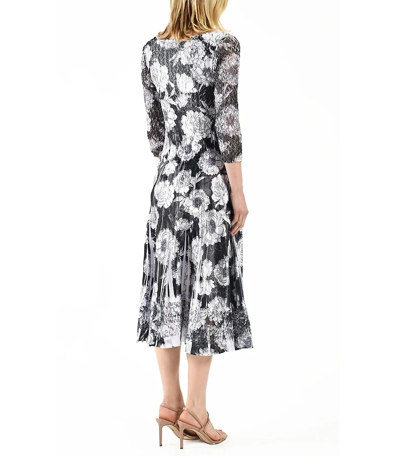 Komarov Charmeuse Floral Lace V-Neck 3/4 Sleeve Pleated Midi Dress