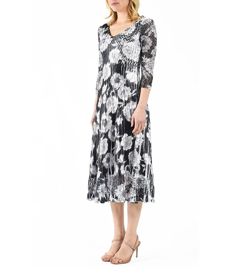 Komarov Charmeuse Floral Lace V-Neck 3/4 Sleeve Pleated Midi Dress
