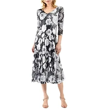 Komarov Charmeuse Floral Lace V-Neck 3/4 Sleeve Pleated Midi Dress