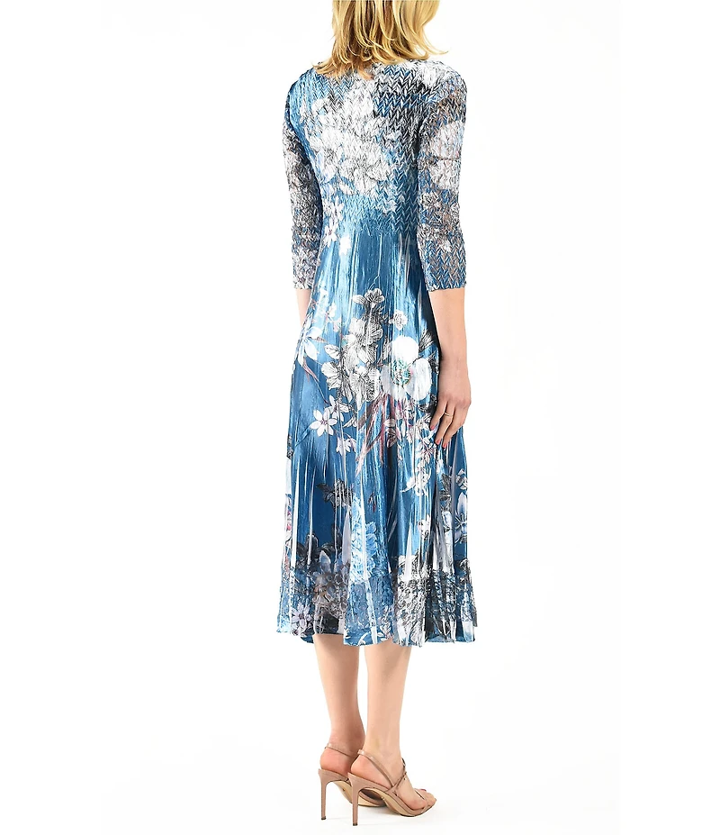 Komarov Charmeuse Floral Print Lace V-Neck 3/4 Sleeve Pleated Fit and Flare Midi Dress
