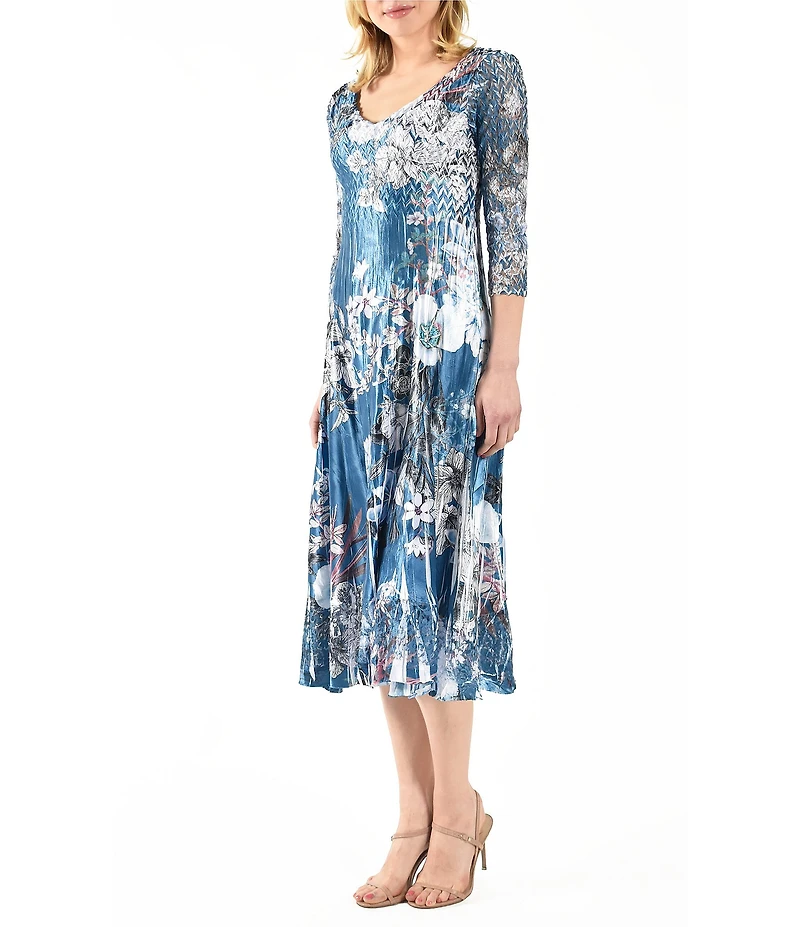 Komarov Charmeuse Floral Print Lace V-Neck 3/4 Sleeve Pleated Fit and Flare Midi Dress