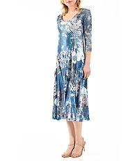 Komarov Charmeuse Floral Print Lace V-Neck 3/4 Sleeve Pleated Fit and Flare Midi Dress