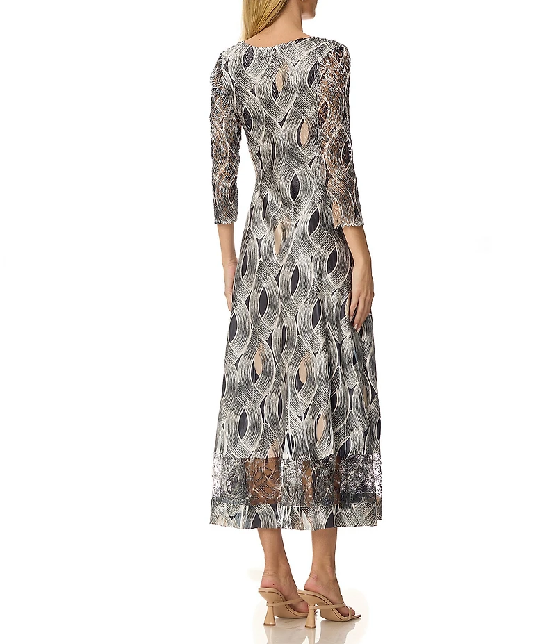 Komarov Charmeuse Lace 3/4 Sleeve Printed Pleated Midi Dress