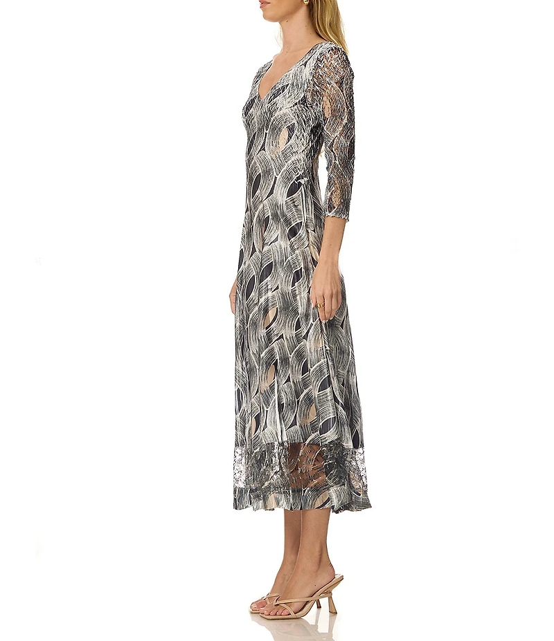 Komarov Charmeuse Lace 3/4 Sleeve Printed Pleated Midi Dress