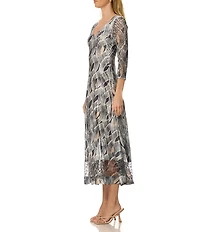 Komarov Charmeuse Lace 3/4 Sleeve Printed Pleated Midi Dress
