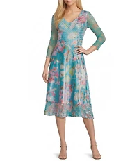 Komarov Charmeuse Lace Floral Print V-Neck 3/4 Sleeves Lace Hem Inset Midi Dress