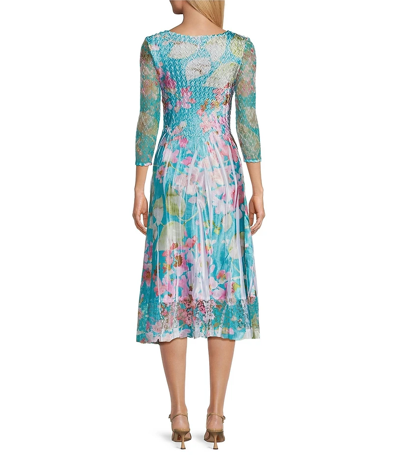 Komarov Charmeuse Lace Floral Print V-Neck 3/4 Sleeves Lace Hem Inset Midi Dress