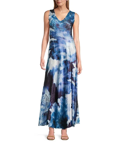 Komarov Charmeuse Lace Floral Print V-Neck Sleeveless Maxi Dress