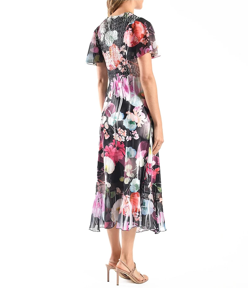 Komarov Charmeuse Lace V-Neck Short Flutter Sleeve Floral Print Fit & Flare Midi Dress