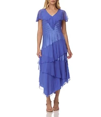 Komarov Charmeuse Midi Dress With Ruffle Chiffon Tiers