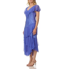 Komarov Charmeuse Midi Dress With Ruffle Chiffon Tiers