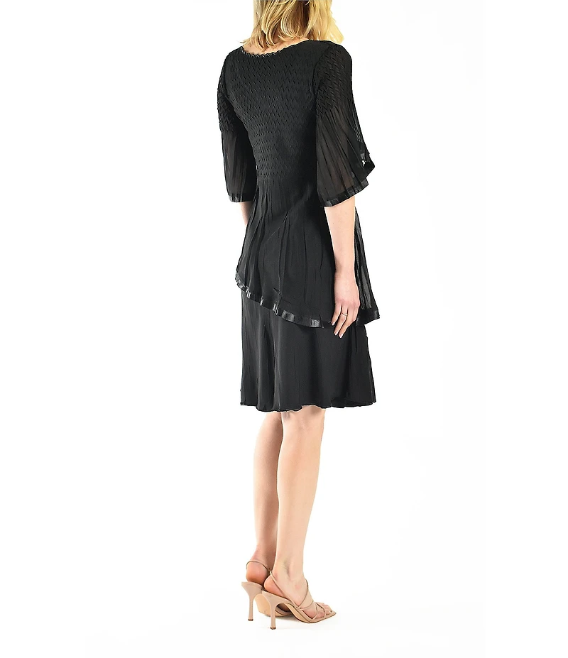 Komarov Chiffon Charmeuse Accordion Pleated V-Neck Elbow Sleeve Asymmetrical Tiered Dress