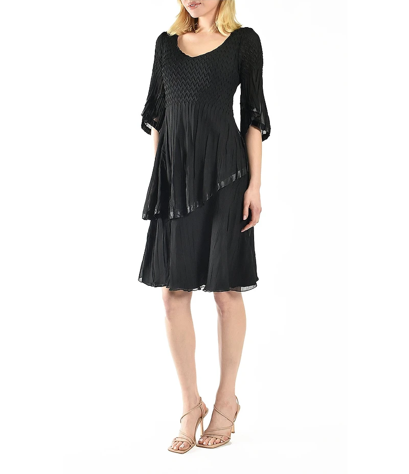 Komarov Chiffon Charmeuse Accordion Pleated V-Neck Elbow Sleeve Asymmetrical Tiered Dress