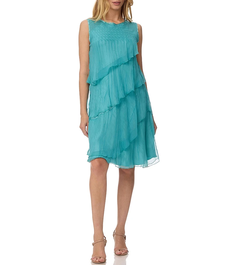 Komarov Chiffon Charmeuse Round Neck Sleeveless Pleated Asymmetrical Ruffle Tiered Dress