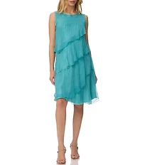 Komarov Chiffon Charmeuse Round Neck Sleeveless Pleated Asymmetrical Ruffle Tiered Dress