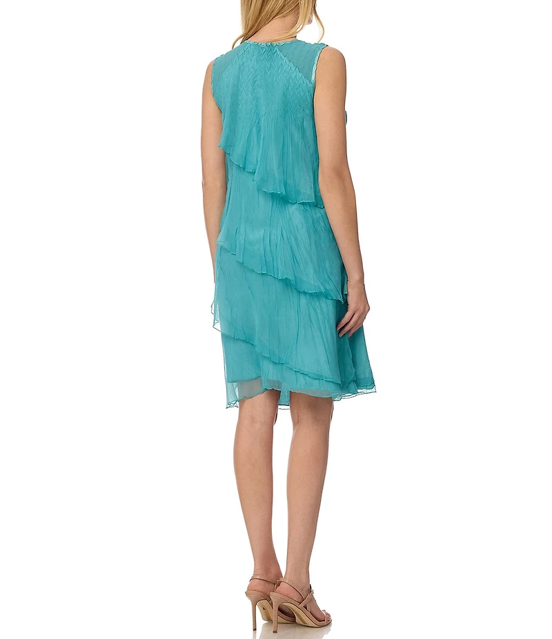 Komarov Chiffon Charmeuse Round Neck Sleeveless Pleated Asymmetrical Ruffle Tiered Dress