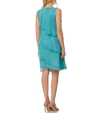 Komarov Chiffon Charmeuse Round Neck Sleeveless Pleated Asymmetrical Ruffle Tiered Dress