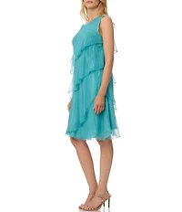 Komarov Chiffon Charmeuse Round Neck Sleeveless Pleated Asymmetrical Ruffle Tiered Dress