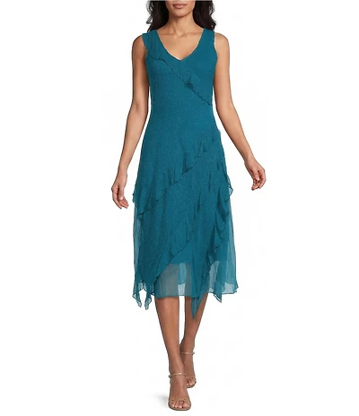 Komarov Chiffon Charmeuse Scoop Neck Sleeveless Ruffle Accordion Pleating Midi Dress