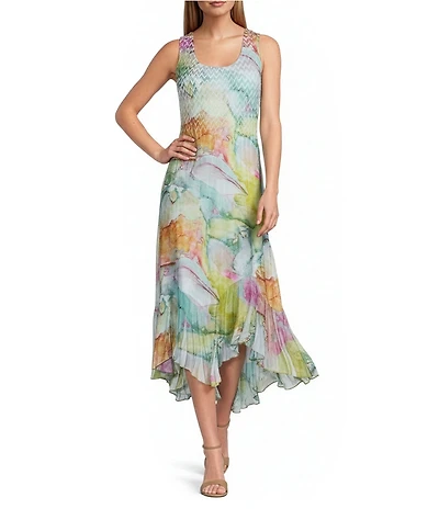 Komarov Chiffon Printed Scoop Neck Accordion Pleating Cascading Hem Midi Dress
