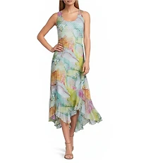 Komarov Chiffon Printed Scoop Neck Accordion Pleating Cascading Hem Midi Dress