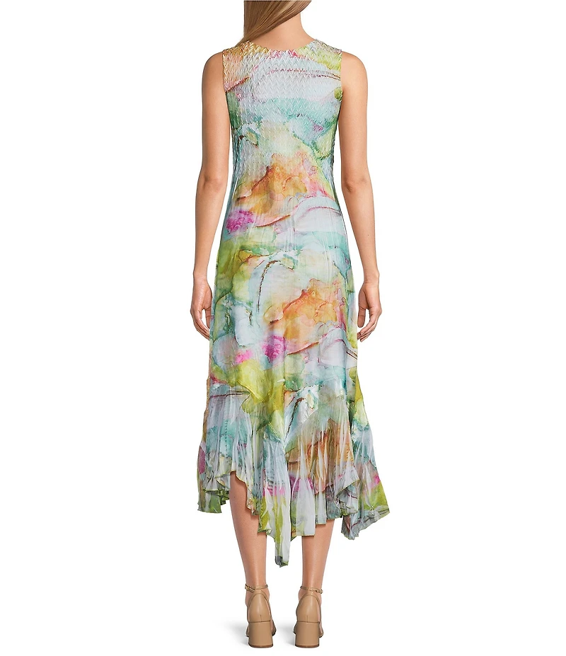 Komarov Chiffon Printed Scoop Neck Accordion Pleating Cascading Hem Midi Dress