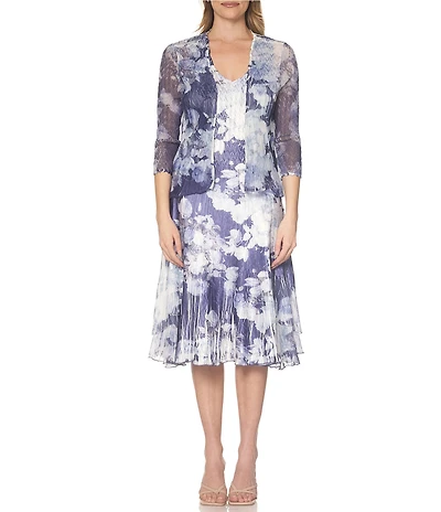 Komarov Floral Print 2 Piece Dress & Jacket Set