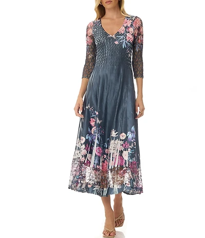 Komarov Floral Print Charmeuse Lace 3/4 Sleeve V-Neck Sheath Pleated Midi Dress