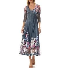 Komarov Floral Print Charmeuse Lace 3/4 Sleeve V-Neck Sheath Pleated Midi Dress