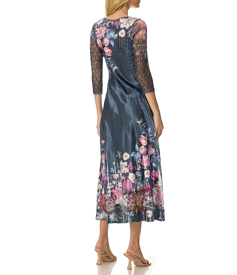 Komarov Floral Print Charmeuse Lace 3/4 Sleeve V-Neck Sheath Pleated Midi Dress