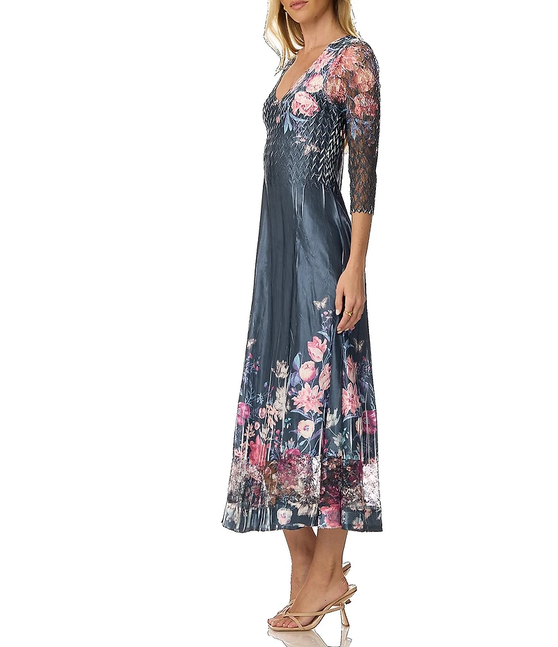 Komarov Floral Print Charmeuse Lace 3/4 Sleeve V-Neck Sheath Pleated Midi Dress