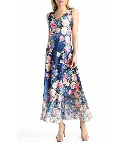 Komarov Floral Print Charmeuse V-Neck Sleeveless Lace Detail Maxi Dress