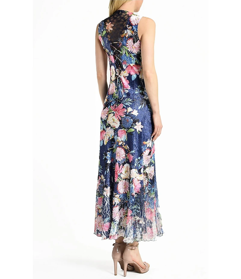 Komarov Floral Print Charmeuse V-Neck Sleeveless Lace Detail Maxi Dress