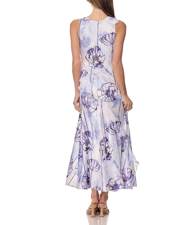 Komarov Floral Print Long Dress With Cascading Ruffle