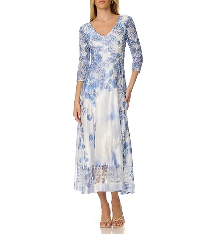 Komarov Vine Lace 3/4 Sleeve Charmeuse and Lace Midi Dress