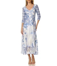 Komarov Vine Lace 3/4 Sleeve Charmeuse and Lace Midi Dress