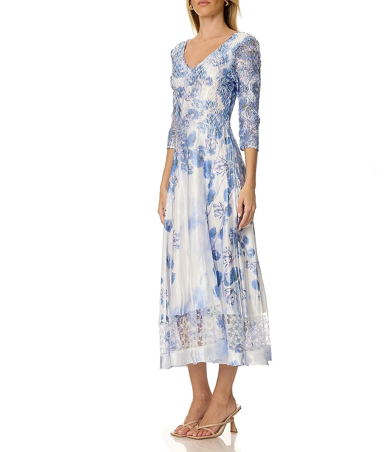 Komarov Vine Lace 3/4 Sleeve Charmeuse and Lace Midi Dress