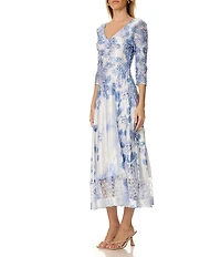 Komarov Vine Lace 3/4 Sleeve Charmeuse and Lace Midi Dress