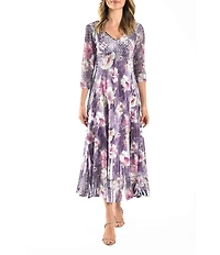 Komarov Morning Glory Floral Lace 3/4 Sleeve Charmeuse and Lace Midi Dress