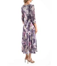 Komarov Morning Glory Floral Lace 3/4 Sleeve Charmeuse and Lace Midi Dress
