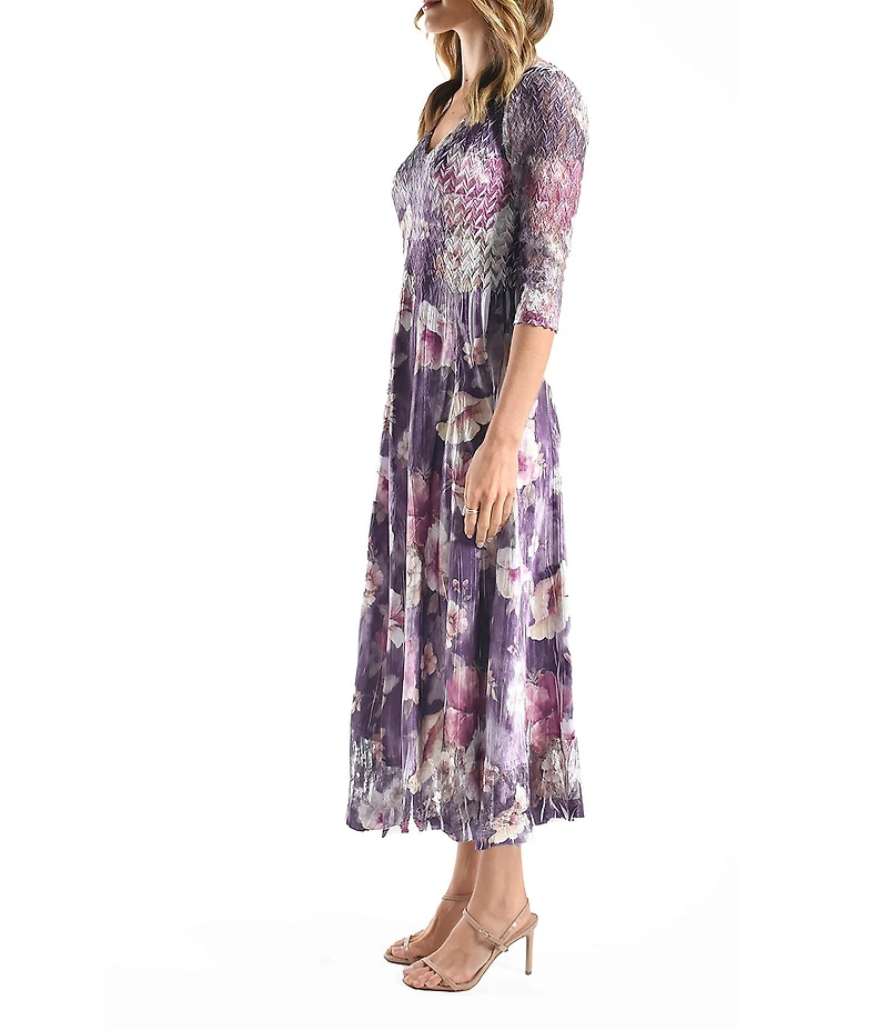 Komarov Morning Glory Floral Lace 3/4 Sleeve Charmeuse and Lace Midi Dress