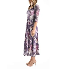 Komarov Morning Glory Floral Lace 3/4 Sleeve Charmeuse and Lace Midi Dress